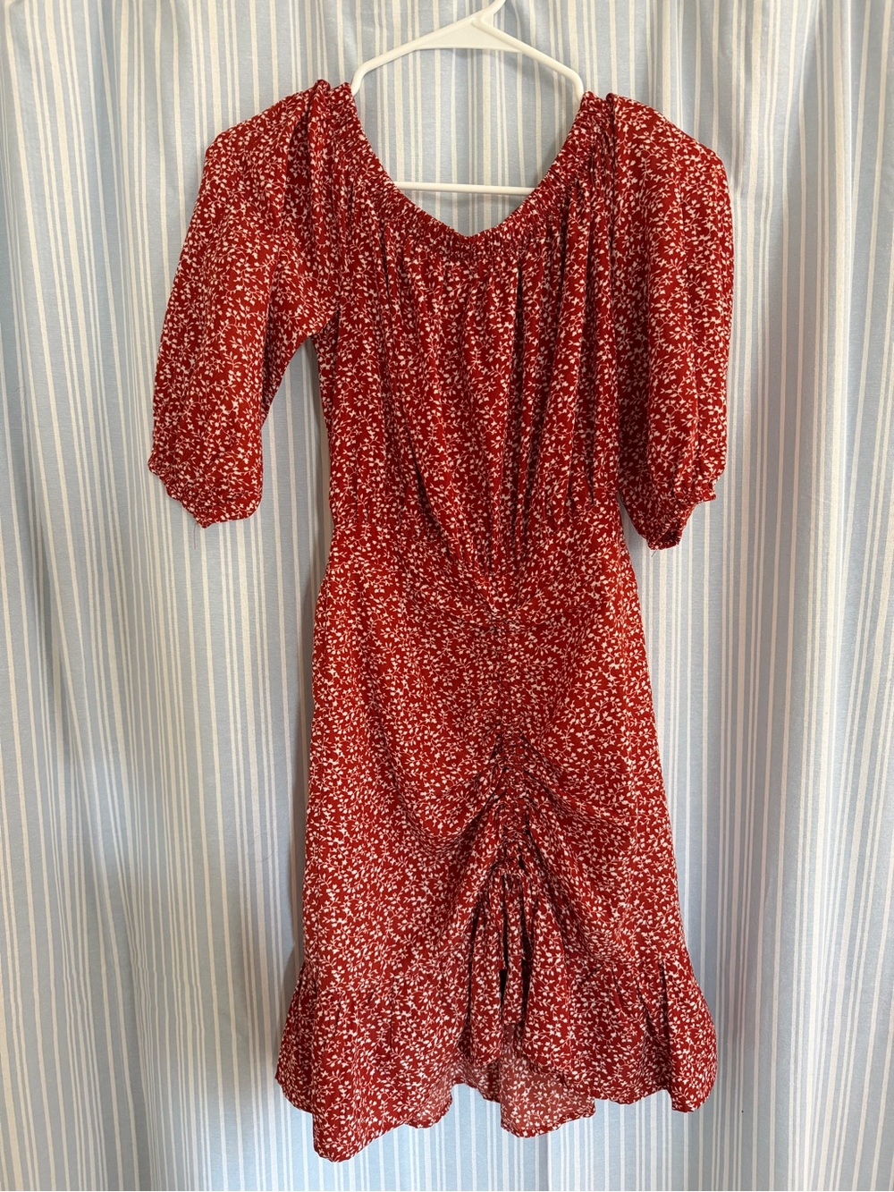 Red Floral Ruched Midi Dress with Puff Sleeves